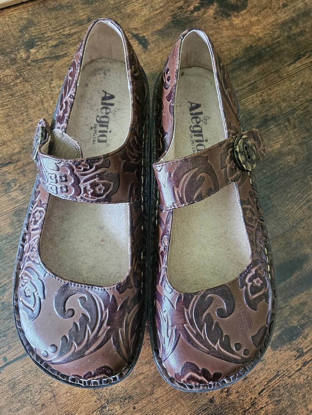Alegria Brown Mary Jane Embossed Leather Slip-On